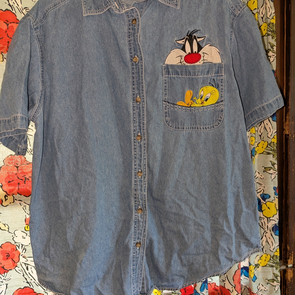 Warner Bros Blue Casual Button Down Shirt with Sylvester Embroidery
